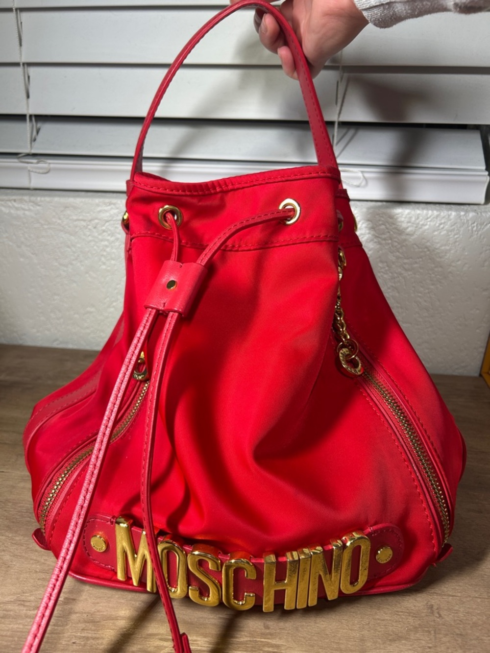 Moschino Red Drawstring Bucket Shoulder Bag with Gold Logo Hardware